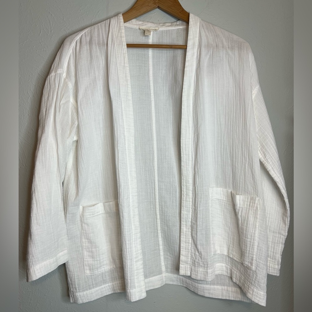 Eileen Fisher PP/PTP Women's Large? Long Sleeve White Cotton Light Cardigan